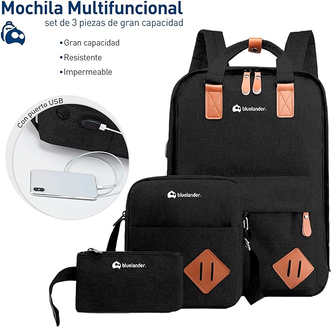 A Bluelander Mochila 3 en 1, Mochila para Laptop, Mochila Cruzada y Lapicera, Mochila para Viaje con Puerto USB, Mochila para Hombre, Mujer Múltiples Compartimentos,Set de 3 Piezas.