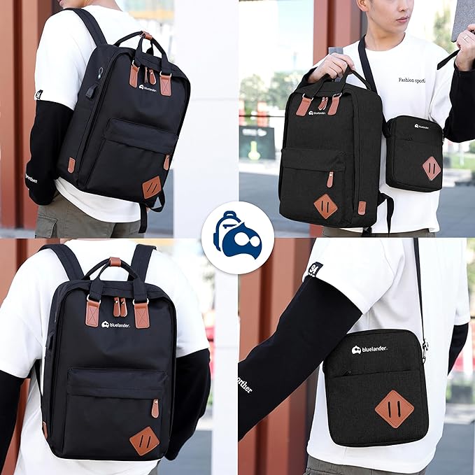 A Bluelander Mochila 3 en 1, Mochila para Laptop, Mochila Cruzada y Lapicera, Mochila para Viaje con Puerto USB, Mochila para Hombre, Mujer Múltiples Compartimentos,Set de 3 Piezas.