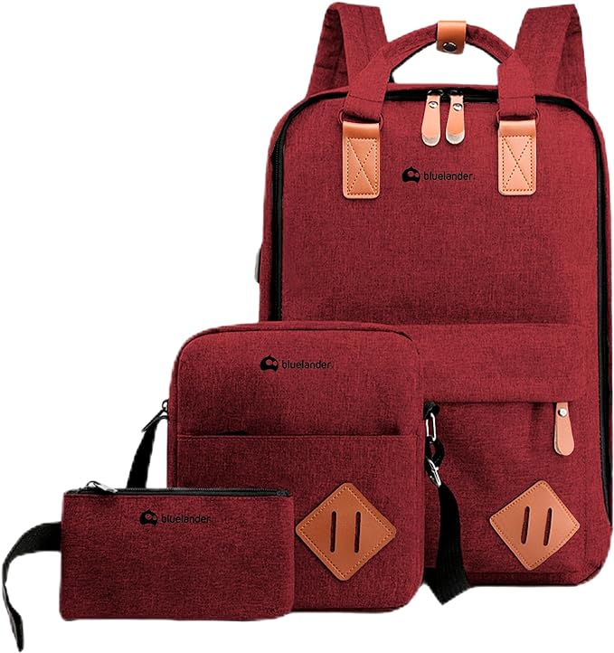 A Bluelander Mochila Roja 3 en 1, Mochila para Laptop, Mochila Cruzada y Lapicera, Mochila para Viaje con Puerto USB, Mochila para Hombre, Mujer Múltiples Compartimentos, Set de 3 Piezas