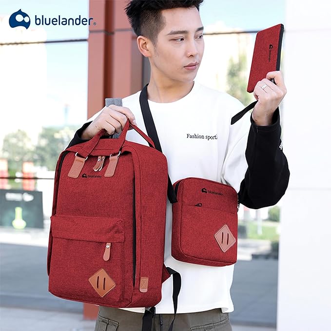 A Bluelander Mochila Roja 3 en 1, Mochila para Laptop, Mochila Cruzada y Lapicera, Mochila para Viaje con Puerto USB, Mochila para Hombre, Mujer Múltiples Compartimentos, Set de 3 Piezas