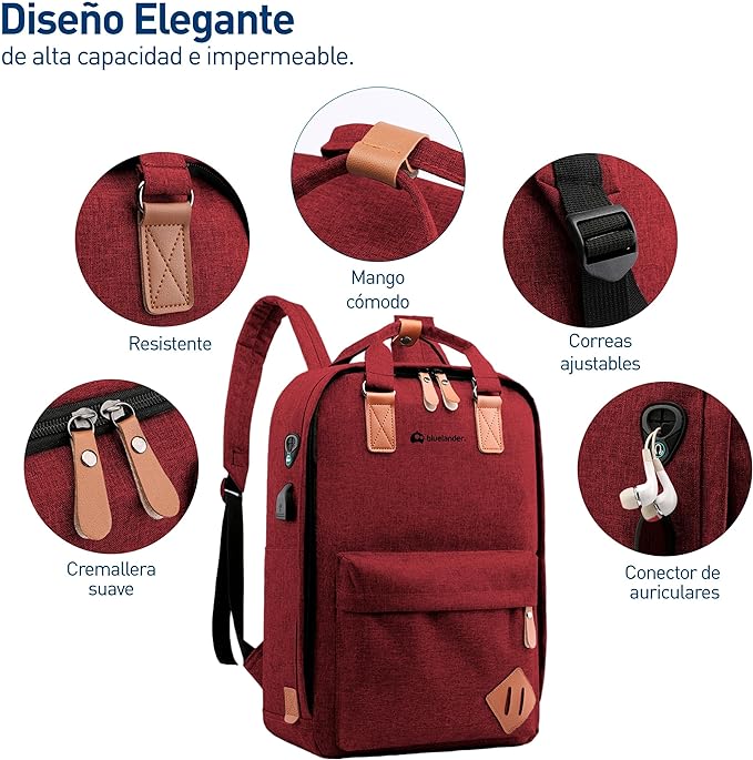 A Bluelander Mochila Roja 3 en 1, Mochila para Laptop, Mochila Cruzada y Lapicera, Mochila para Viaje con Puerto USB, Mochila para Hombre, Mujer Múltiples Compartimentos, Set de 3 Piezas