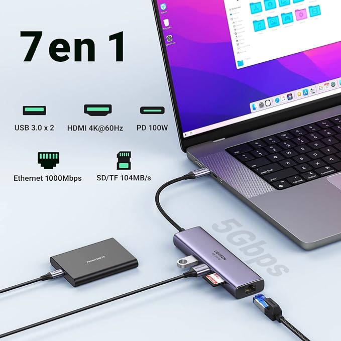 UGREEN Hub USB C, 7 en 1 Adaptador USB C a HDMI 4K 60Hz, Gigabit Ethernet, 100W PD Carga, Lector de Tarjetas SD TF, 2 USB 3.0 Compatible con MacBook Pro Air M1 M2 iPad iPhone 15 DELL Switch Steam Deck