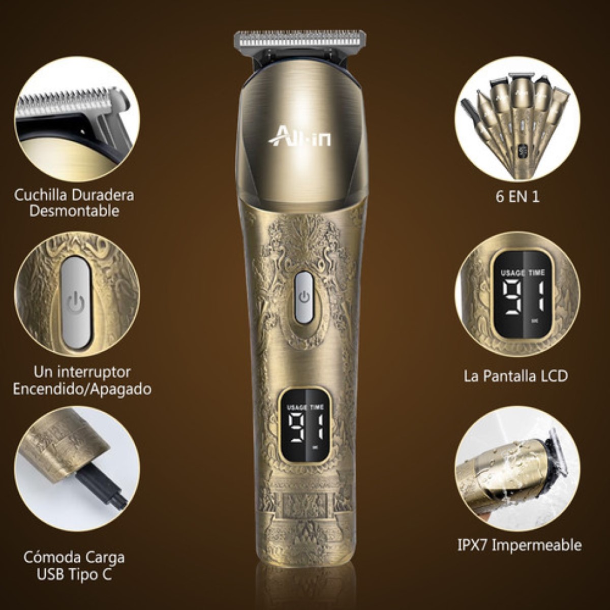 "All-in® Rasuradora Eléctrica Barba Afeitadora 11 En 1 Metal Dorada "