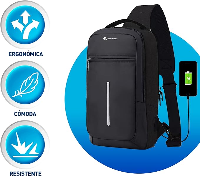 A Bluelander Mochila Antirrobo Cruzada, Bolso de Pecho, Bandolera Multifuncional, Mariconera con Puerto USB para Power Bank (no incluida), Tela Oxford Impermeable con Línea Reflejante, Ligera y Segura con Múltiples Compartimentos, Bolsillos Ocultos, Ideal para Viajes, Deportes, Hombres y Mujeres