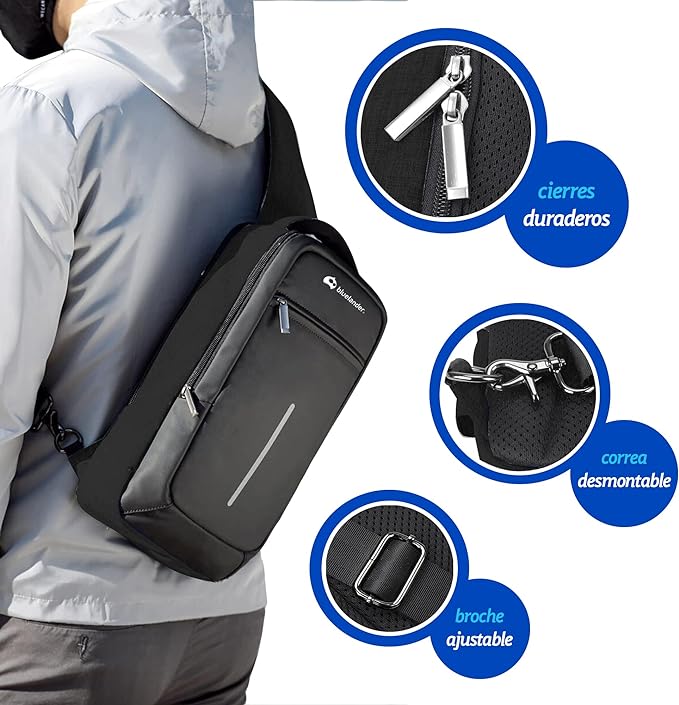 A Bluelander Mochila Antirrobo Cruzada, Bolso de Pecho, Bandolera Multifuncional, Mariconera con Puerto USB para Power Bank (no incluida), Tela Oxford Impermeable con Línea Reflejante, Ligera y Segura con Múltiples Compartimentos, Bolsillos Ocultos, Ideal para Viajes, Deportes, Hombres y Mujeres