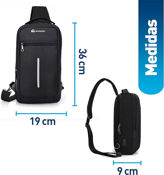 A Bluelander Mochila Antirrobo Cruzada, Bolso de Pecho, Bandolera Multifuncional, Mariconera con Puerto USB para Power Bank (no incluida), Tela Oxford Impermeable con Línea Reflejante, Ligera y Segura con Múltiples Compartimentos, Bolsillos Ocultos, Ideal para Viajes, Deportes, Hombres y Mujeres