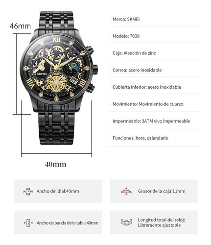 Reloj de pulsera Skmei 7039 de cuerpo color negro, analógico, para hombre, fondo negro color negro, agujas color dorado, dial dorado, bisel color negro y mariposa