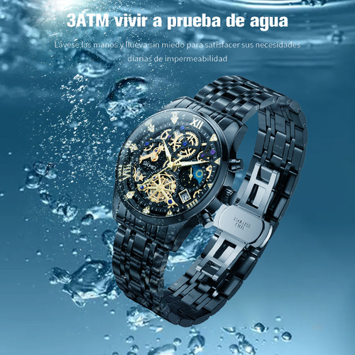 Reloj de pulsera Skmei 7039 de cuerpo color negro, analógico, para hombre, fondo negro color negro, agujas color dorado, dial dorado, bisel color negro y mariposa