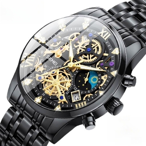 Reloj de pulsera Skmei 7039 de cuerpo color negro, analógico, para hombre, fondo negro color negro, agujas color dorado, dial dorado, bisel color negro y mariposa