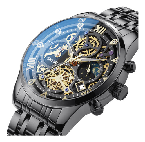 Reloj de pulsera Skmei 7039 de cuerpo color negro, analógico, para hombre, fondo negro color negro, agujas color dorado, dial dorado, bisel color negro y mariposa