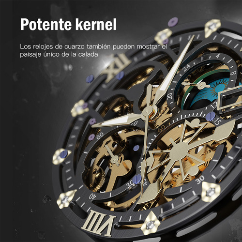 Reloj de pulsera Skmei 7039 de cuerpo color negro, analógico, para hombre, fondo negro color negro, agujas color dorado, dial dorado, bisel color negro y mariposa