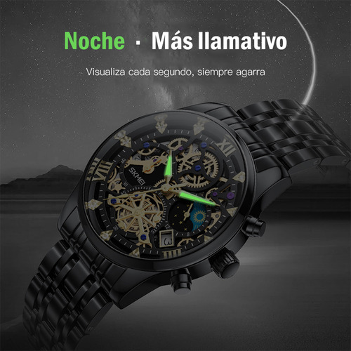 Reloj de pulsera Skmei 7039 de cuerpo color negro, analógico, para hombre, fondo negro color negro, agujas color dorado, dial dorado, bisel color negro y mariposa
