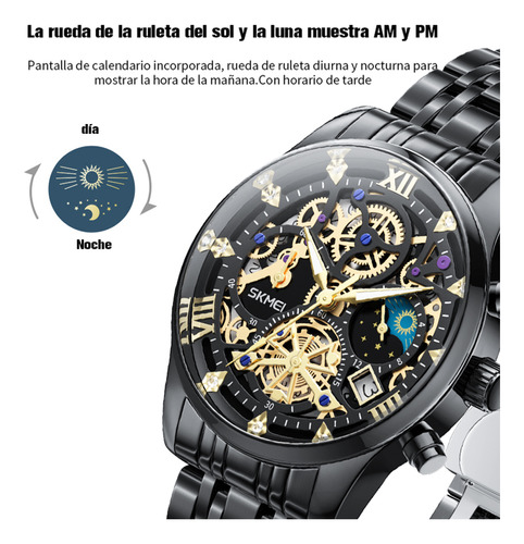 Reloj de pulsera Skmei 7039 de cuerpo color negro, analógico, para hombre, fondo negro color negro, agujas color dorado, dial dorado, bisel color negro y mariposa