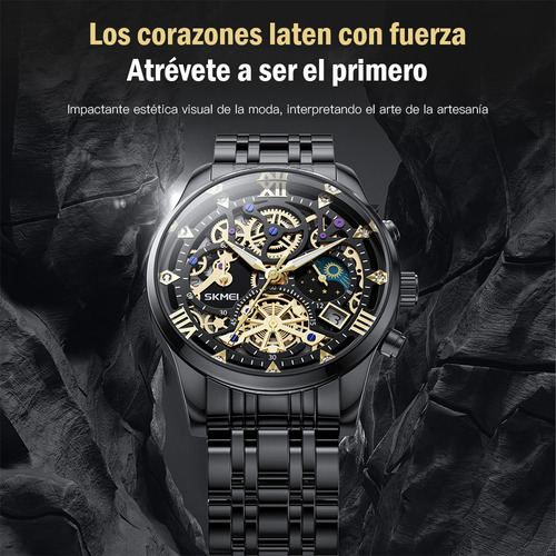 Reloj de pulsera Skmei 7039 de cuerpo color negro, analógico, para hombre, fondo negro color negro, agujas color dorado, dial dorado, bisel color negro y mariposa