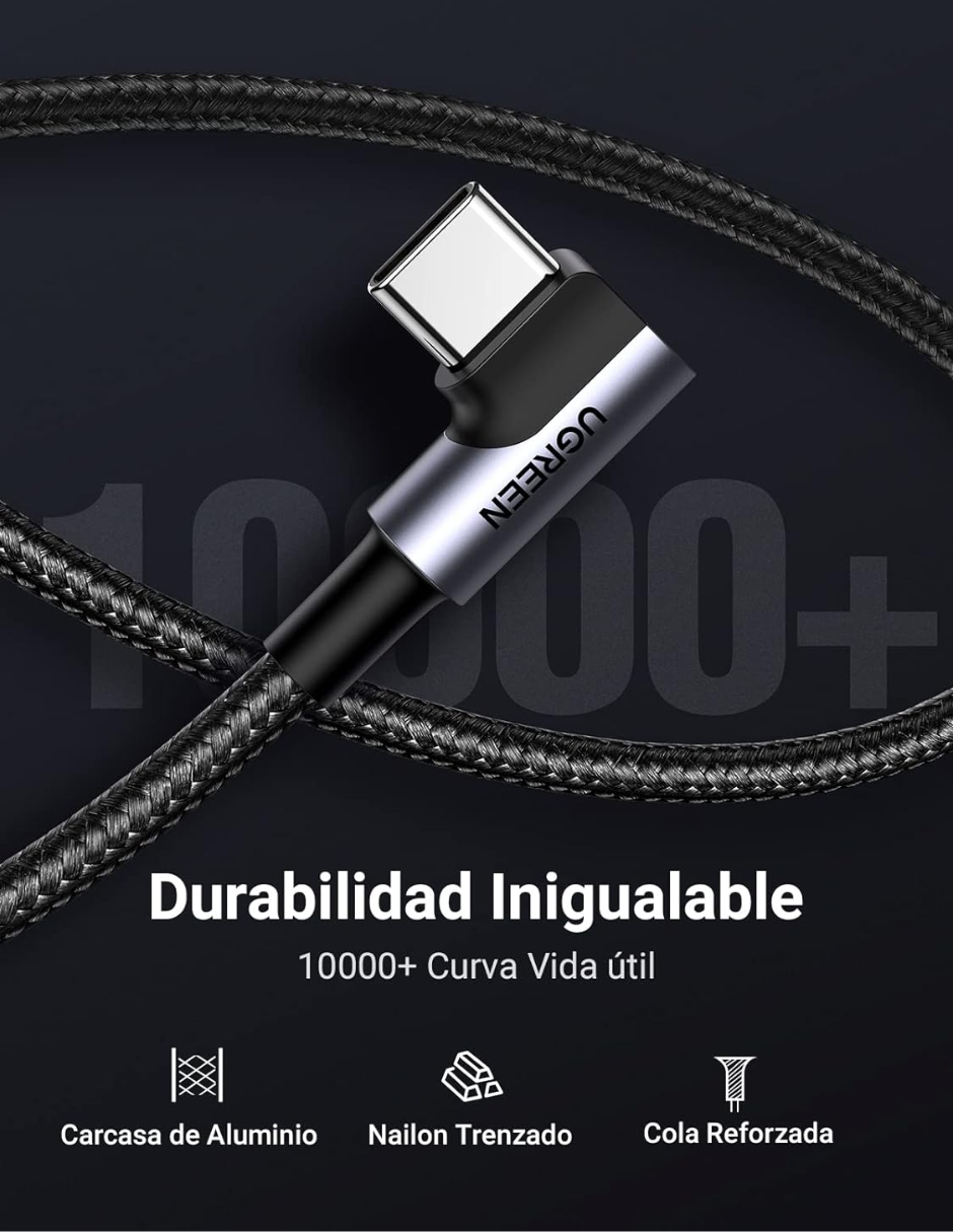 UGREEN  Cable Usb C 90 Grados 2m, 18W Carga Rápida Gris.