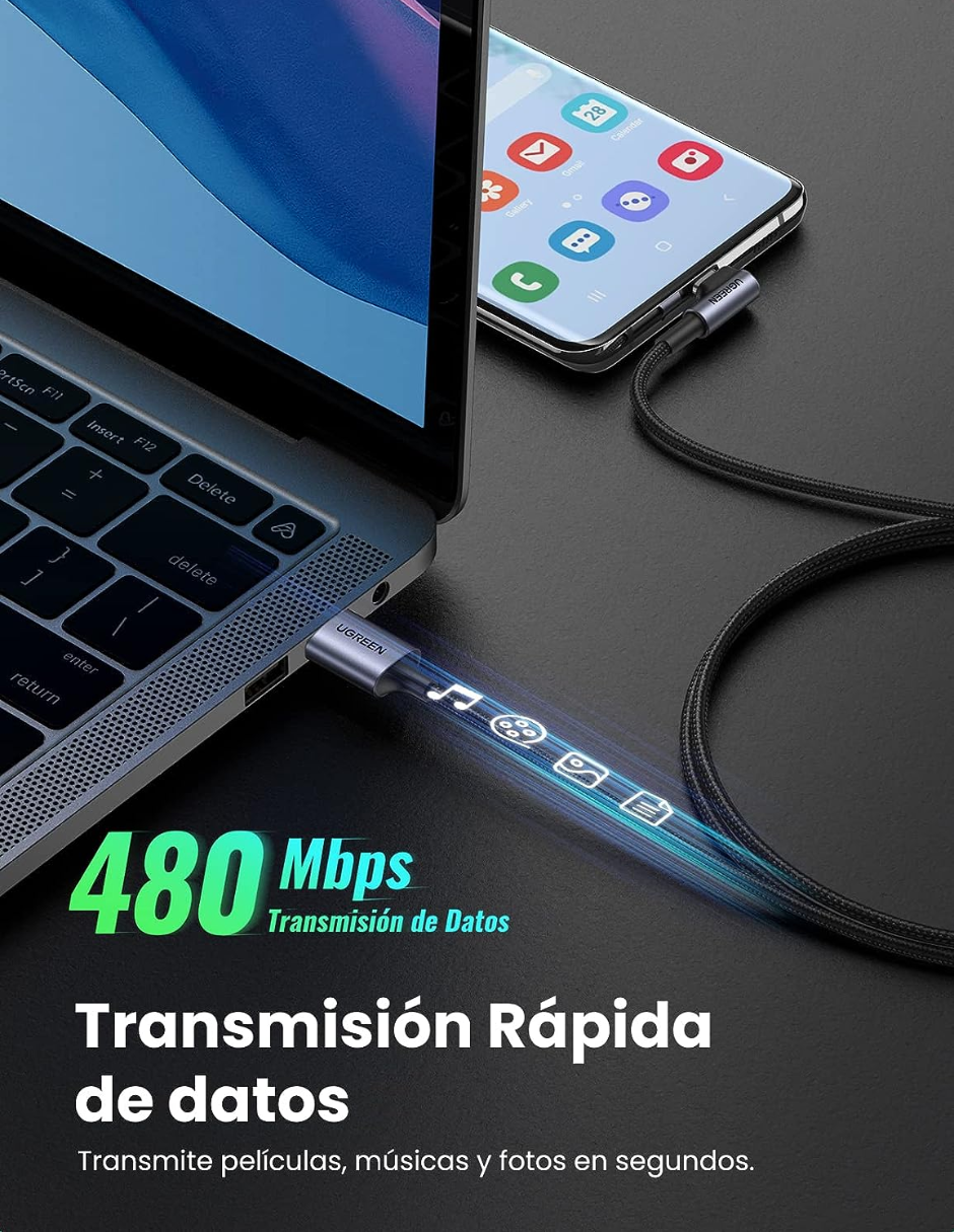 UGREEN  Cable Usb C 90 Grados 2m, 18W Carga Rápida Gris.
