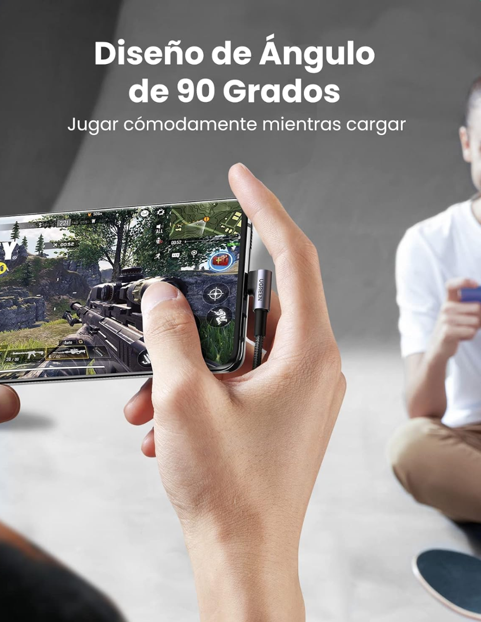 UGREEN  Cable Usb C 90 Grados 2m, 18W Carga Rápida Gris.