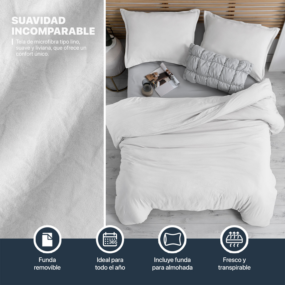 Funda para Duvet Microfibra Acabado Prelavado Sin Relleno más Fundas de Almohada King Size Blanco Esquimal.