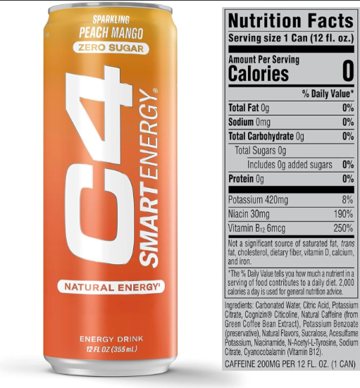 Caja de Bebida Energizante C4 (Durazno Mango) 12 Latas