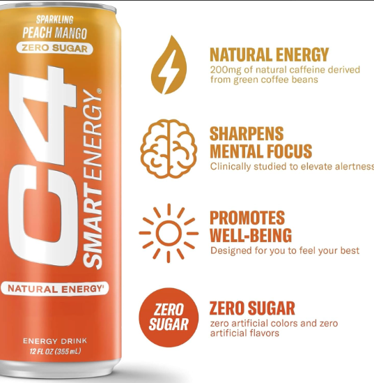 Caja de Bebida Energizante C4 (Durazno Mango) 12 Latas