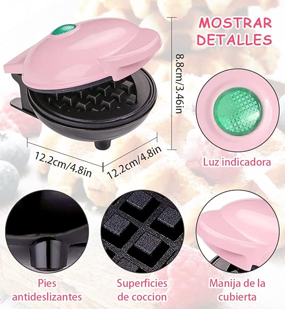 Mini waflera para hacer waffles, DAQI doble cara antiadherente, con fácil limpieza,paninis, papas hash brown, y otros para el desayuno, almuerzo o aperitivos ect.（Rosado）