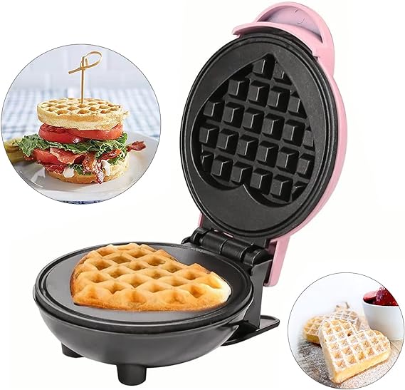 Mini waflera para hacer waffles, DAQI doble cara antiadherente, con fácil limpieza,paninis, papas hash brown, y otros para el desayuno, almuerzo o aperitivos ect.（Rosado）