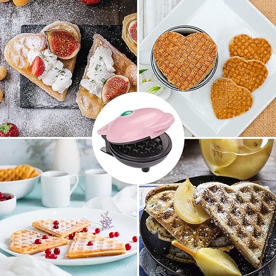 Mini waflera para hacer waffles, DAQI doble cara antiadherente, con fácil limpieza,paninis, papas hash brown, y otros para el desayuno, almuerzo o aperitivos ect.（Rosado）