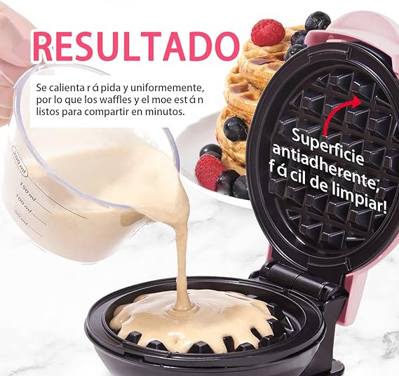 Mini waflera para hacer waffles, DAQI doble cara antiadherente, con fácil limpieza,paninis, papas hash brown, y otros para el desayuno, almuerzo o aperitivos ect.（Rosado）