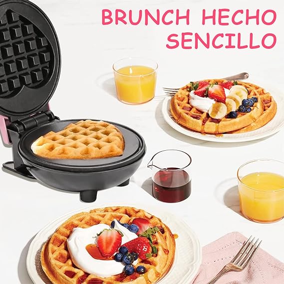 Mini waflera para hacer waffles, DAQI doble cara antiadherente, con fácil limpieza,paninis, papas hash brown, y otros para el desayuno, almuerzo o aperitivos ect.（Rosado）