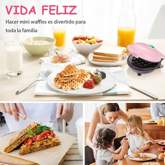 Mini waflera para hacer waffles, DAQI doble cara antiadherente, con fácil limpieza,paninis, papas hash brown, y otros para el desayuno, almuerzo o aperitivos ect.（Rosado）