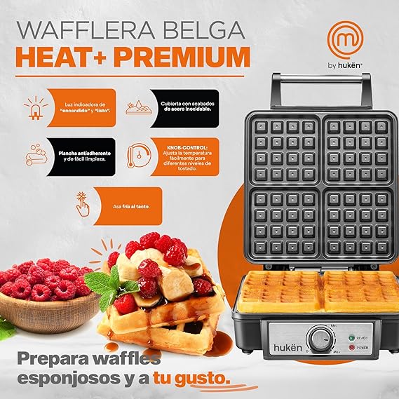Masterchef by Hukën | Waflera Manual | Wafflera de Acero Inoxidable | Fácil Limpieza (4 Rebanadas (Acero))