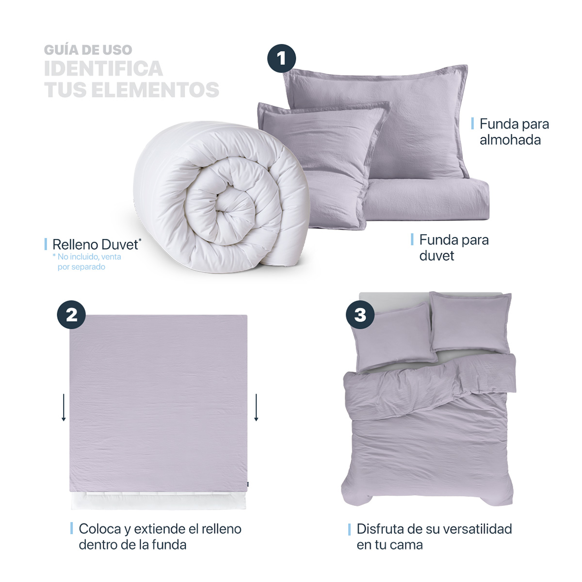 Funda para Duvet Microfibra Acabado Prelavado Sin Relleno más Fundas de Almohada Queen Size Lila Esquimal.