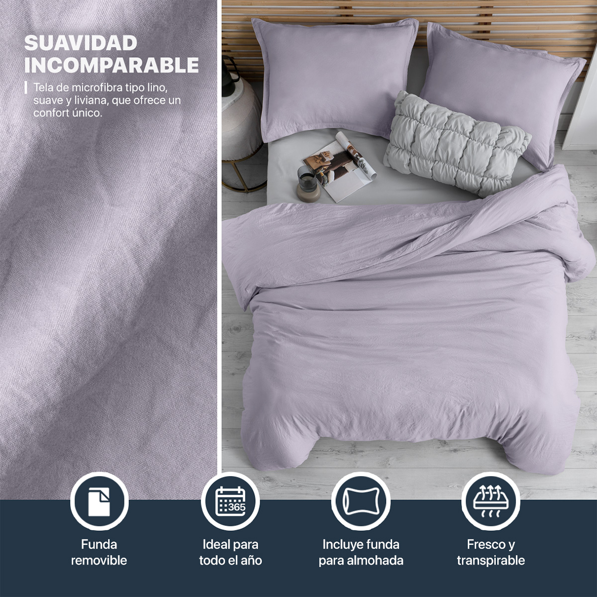 Funda para Duvet Microfibra Acabado Prelavado Sin Relleno más Fundas de Almohada Queen Size Lila Esquimal.