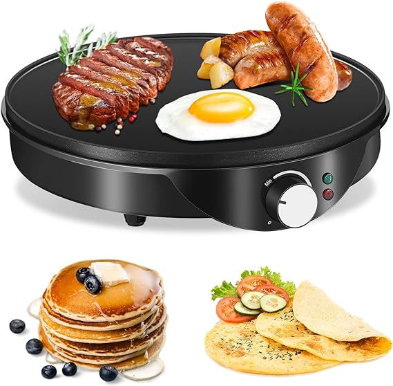 CMGB Crepera Eléctrica,Placa para cocción del desayuno Antiadherente de 12 pulgadas con control de temperatura ajustable e incador de luz LED