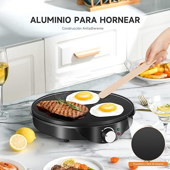 CMGB Crepera Eléctrica,Placa para cocción del desayuno Antiadherente de 12 pulgadas con control de temperatura ajustable e incador de luz LED