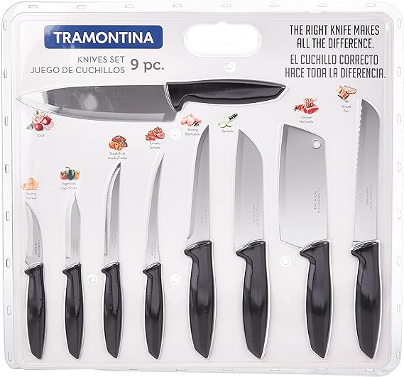 TRAMONTINA - Juego de Cuchillos de Cocina Plenus, para Servir, 9 Piezas, Color Negro