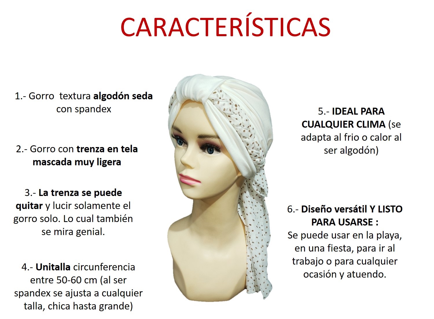 Turbante Gorro Mujer Elegante con trenza ligera de shiffon mascada (Hueso).