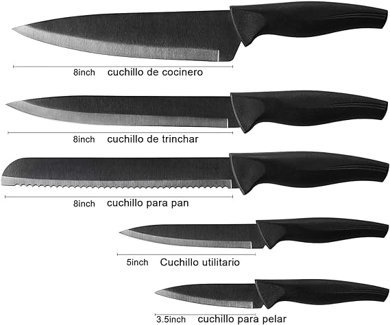Juego De Cuchillos De Cocina Multifuncional, 5Piezas Juego de Cuchillos de Chef de Acero Inoxidable con Protectores de Cuchillas y Piedra de Afilar para Chef Cortar Pelar Rebanar y Cocinar Negro