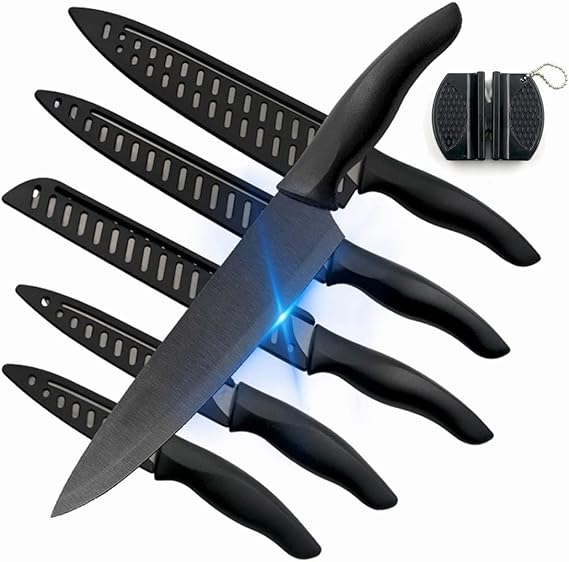 Juego De Cuchillos De Cocina Multifuncional, 5Piezas Juego de Cuchillos de Chef de Acero Inoxidable con Protectores de Cuchillas y Piedra de Afilar para Chef Cortar Pelar Rebanar y Cocinar Negro