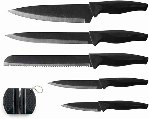 Juego De Cuchillos De Cocina Multifuncional, 5Piezas Juego de Cuchillos de Chef de Acero Inoxidable con Protectores de Cuchillas y Piedra de Afilar para Chef Cortar Pelar Rebanar y Cocinar Negro