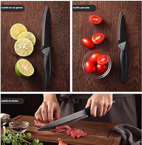 Juego De Cuchillos De Cocina Multifuncional, 5Piezas Juego de Cuchillos de Chef de Acero Inoxidable con Protectores de Cuchillas y Piedra de Afilar para Chef Cortar Pelar Rebanar y Cocinar Negro
