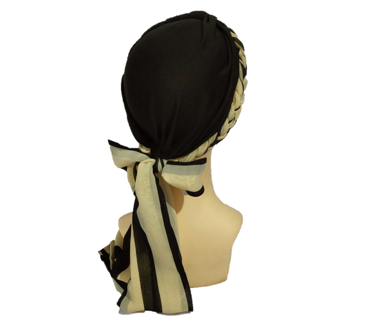 Turbante Gorro Mujer Elegante con Trenza ligera de shiffon mascada negro beige.