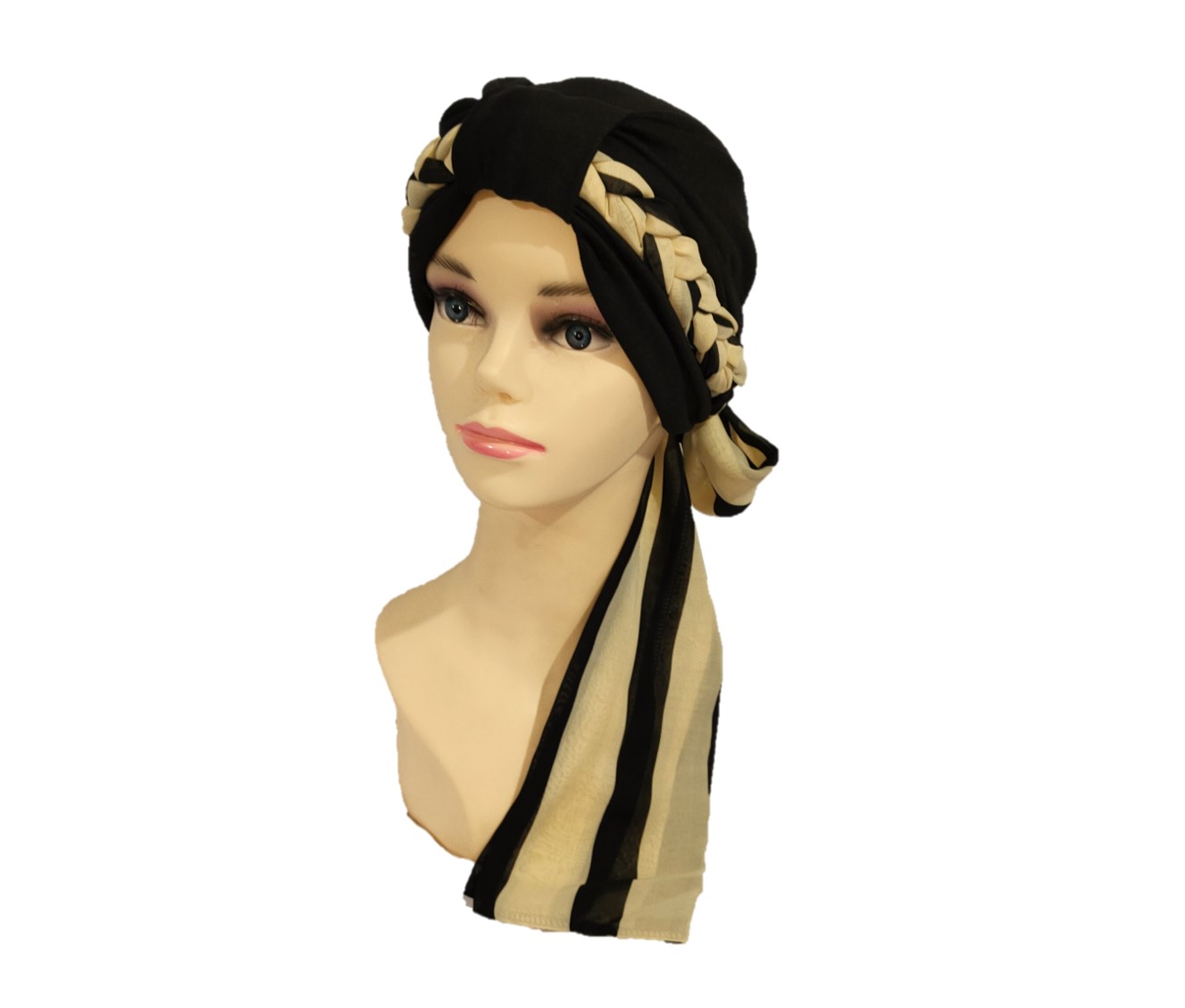 Turbante Gorro Mujer Elegante con Trenza ligera de shiffon mascada negro beige.