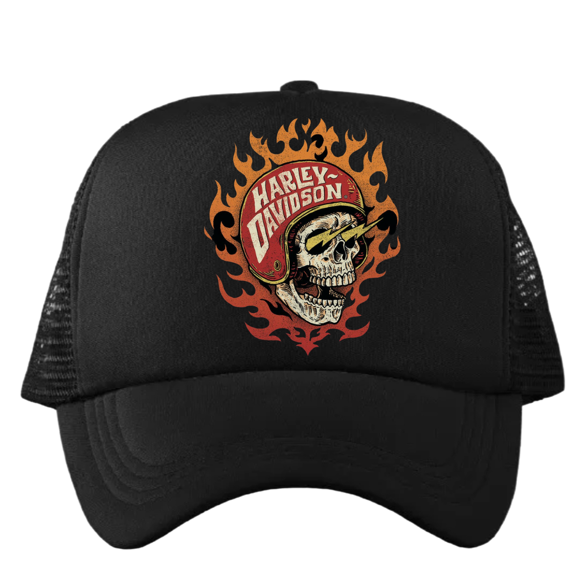 Gorra Negra Harley Davidson Calavera Trucker de malla estampado premium HD tela termoadhesiva.