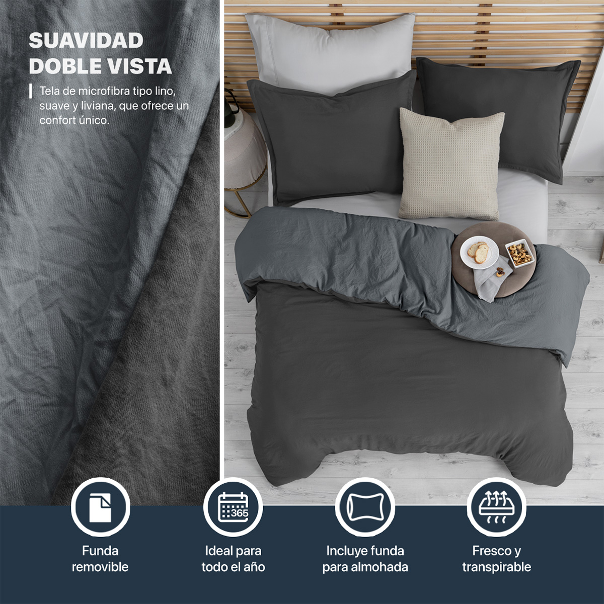 Funda para Duvet Microfibra Acabado Prelavado Sin Relleno más Fundas de Almohada Doble Vista Matrimonial Negro - Gris  Esquimal.