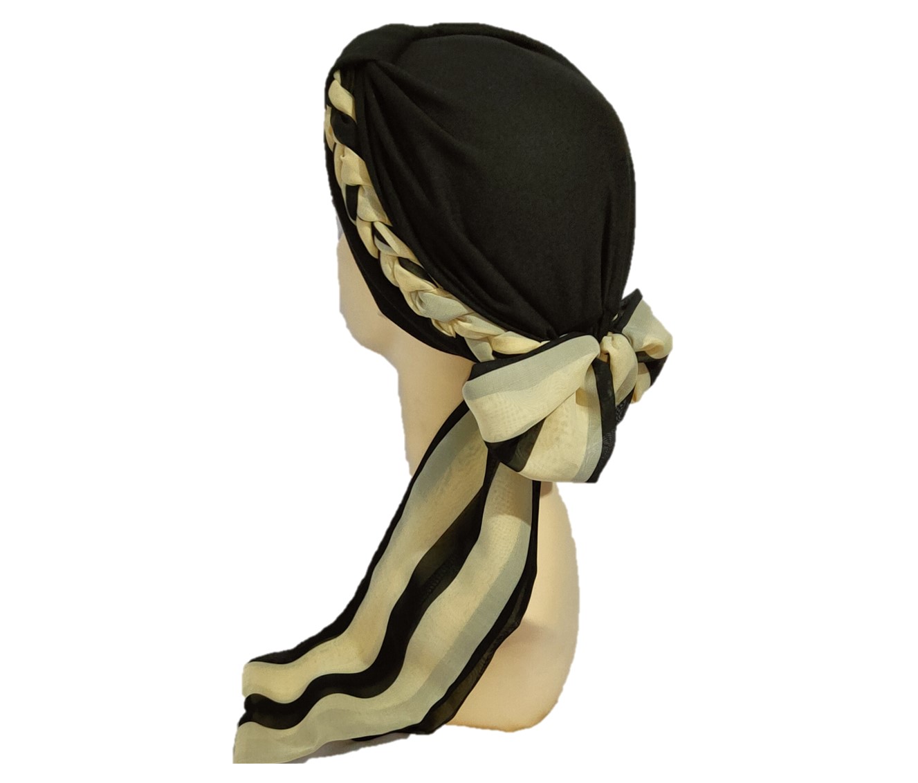 Turbante Gorro Mujer Elegante con Trenza ligera de shiffon mascada negro beige.