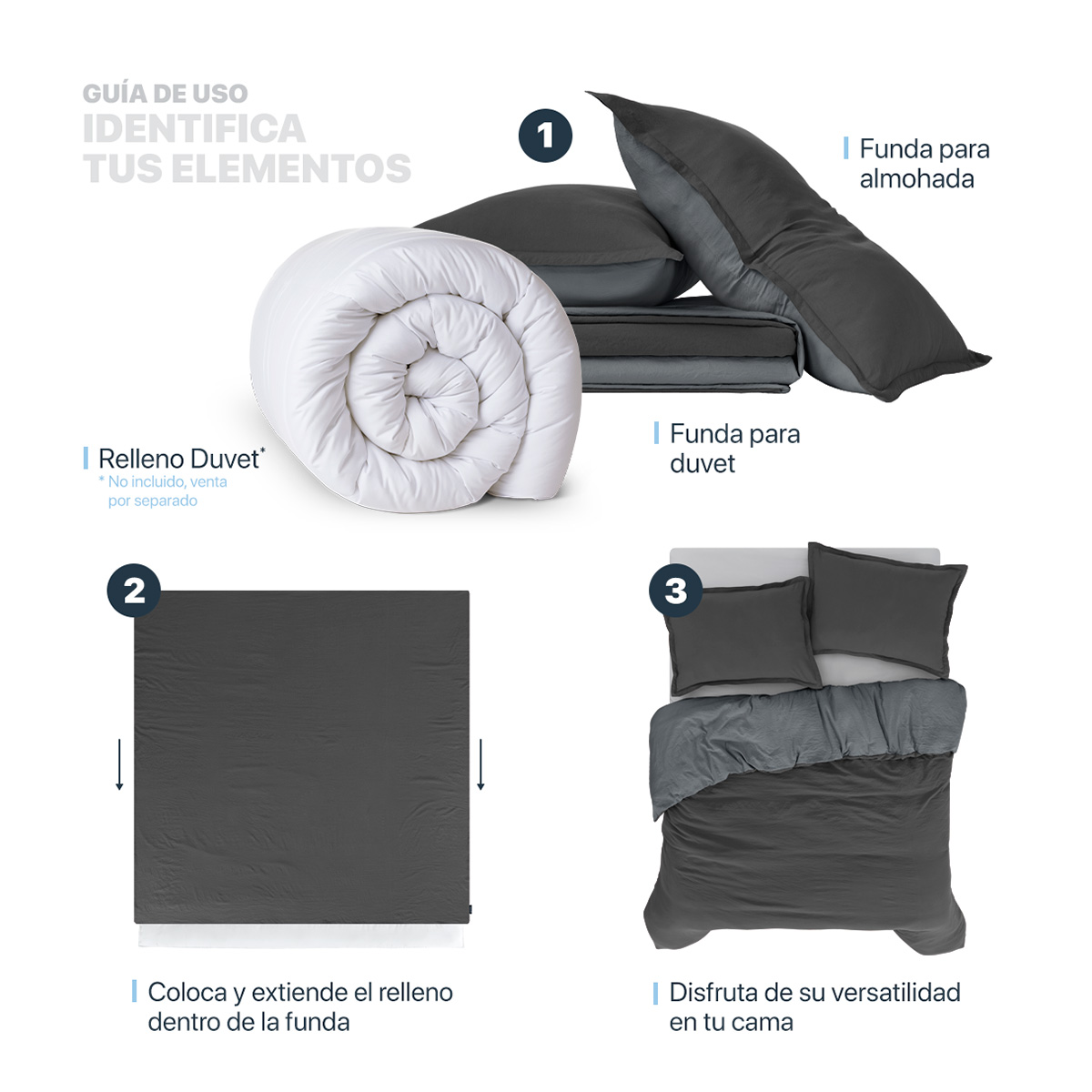Funda para Duvet Microfibra Acabado Prelavado Sin Relleno más Fundas de Almohada Doble Vista Matrimonial Negro - Gris  Esquimal.