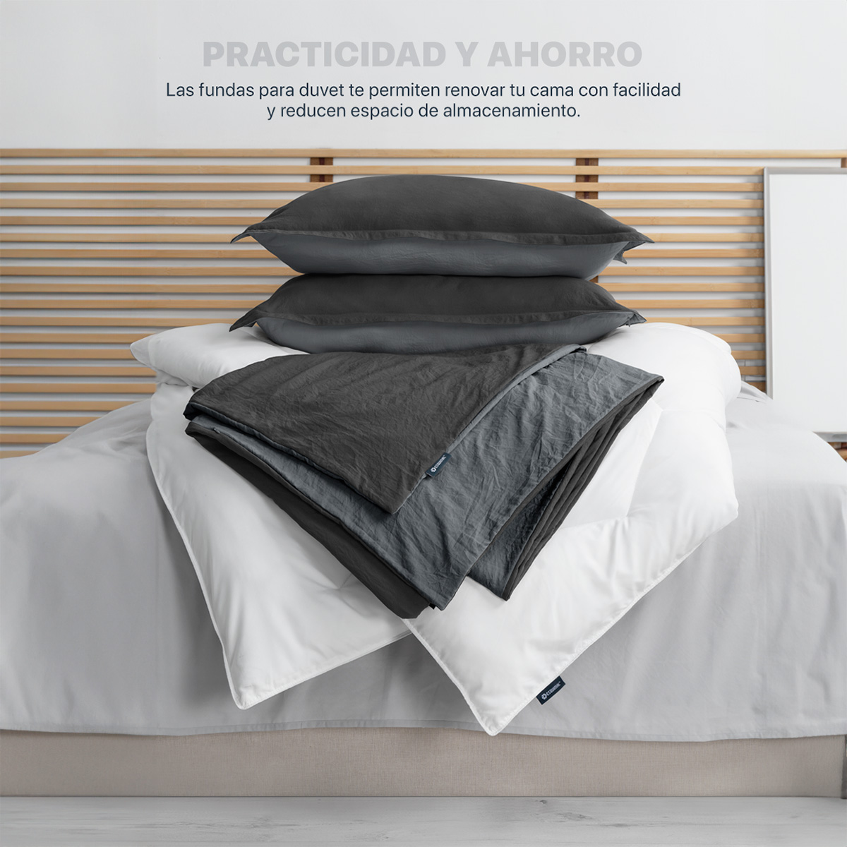 Funda para Duvet Microfibra Acabado Prelavado Sin Relleno más Fundas de Almohada Doble Vista Matrimonial Negro - Gris  Esquimal.