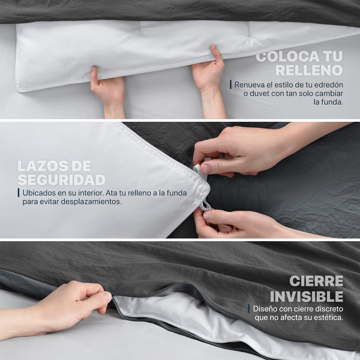 Funda para Duvet Microfibra Acabado Prelavado Sin Relleno más Fundas de Almohada Doble Vista Matrimonial Negro - Gris  Esquimal.