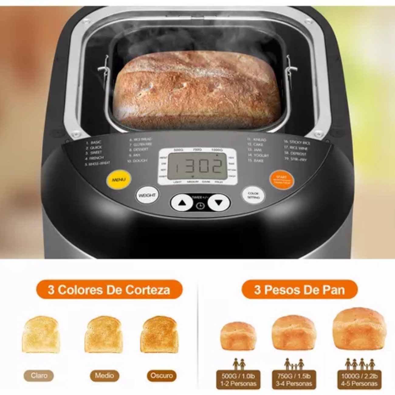 Sangk máquina pan máquina para hacer pan automática con bandeja antiadherente para pan 15h temporizador y 1h para mantener caliente con 3 tamaños de pan 3 colores de corteza recetas acero inoxidable